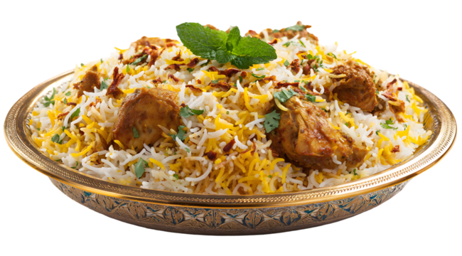 Delicious chicken biryani served in a golden bowl, a flavorful and aromatic South Asian rice dish.