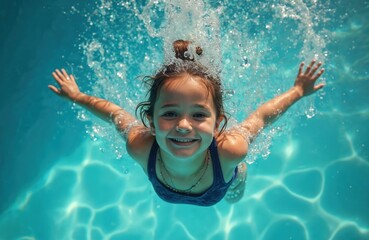 Happy girl splashes in pool. She enjoys summer vacation, swimming and water fun in a bright blue water. Smiling child with wet hair. Active child, joyful and having fun on a sunny day.