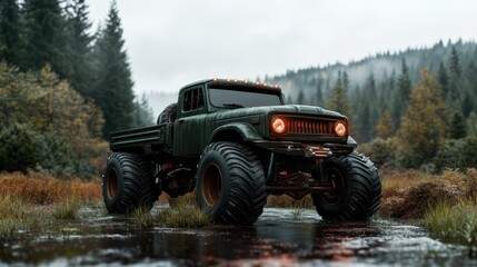 A rugged monster truck, parked in a misty forest surrounded by lush greenery, symbolizes adventure and rugged exploration in an appealing outdoor setting.
