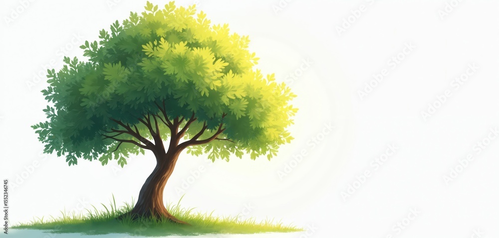 Poster illustration serene tree on white background with soft sunlight filtering through leaves, minimalist