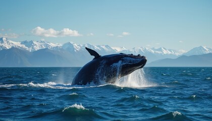 Fototapeta premium Whale breaches ocean water, Kaikoura New Zealand. Majestic humpback whale jumps, mountains, blue sea horizon. Marine wildlife, nature, ocean adventure, travel, scenic tour, vacation exploration,