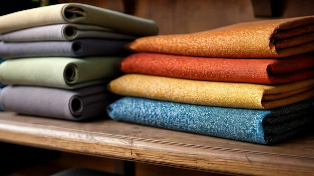 Vibrant fabric display with colorful textile rolls on wooden shelf