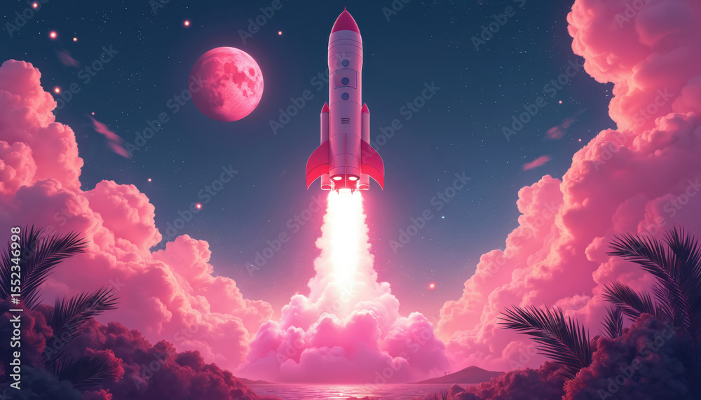 Aufkleber digital illustration of rocket launch into outer space. pink clouds surround spacecraft. illustratio