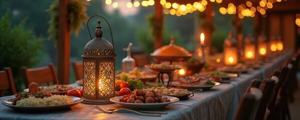 Evening outdoor dinner setting with lanterns. Arabic cuisine served on table. Evening romantic atmosphere with dimmed warm lights, cozy dining for friends, family. Festive holiday. Dinner feast, warm