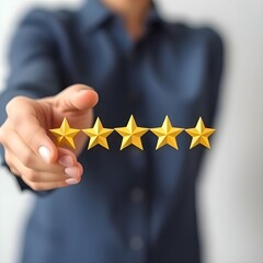 Hand of Customer or Client Holding Stars to Complete Five-Star Rating. Service Rating and Satisfaction Concept with Copy Space.