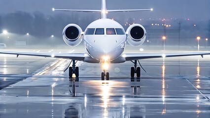 A private jet on a wet tarmac at night with lights reflecting off it