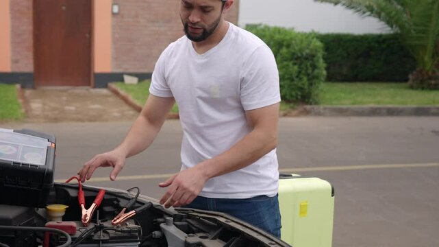 Couple struggling with car battery problems during vacation