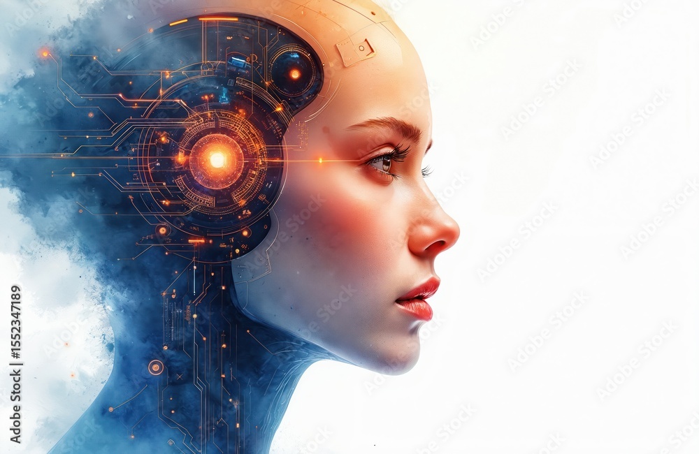 Aufkleber watercolor illustration shows ai interface in cyberpunk style. features female face integrated with 