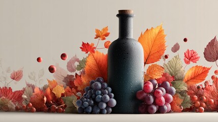 Dark grappa bottle artistically highlighted by vibrant autumn leaves