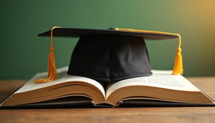 Graduation cap resting open book. Symbol of education achievement. Academic success concept. University education graduation, learning, knowledge, diploma, studying concept.