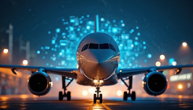 Modern airplane on runway at night. Futuristic tech theme, advanced aerospace technology, data visualization. Concept of innovation in flight, air travel, connectivity, engineering, progress. Digital