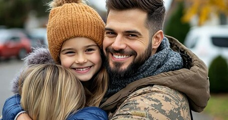 Affectionate embrace between father and children on a suburban street.  The man wears a camouflage jacket, embracing two blonde children during autumn - Powered by Adobe