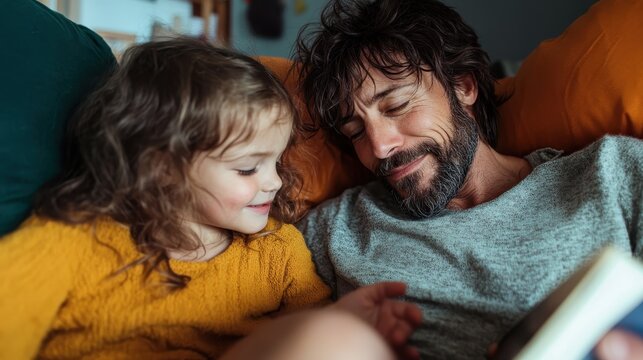 A heartwarming interaction captured between a father and daughter as they share a joyful reading moment together, symbolizing love, connection, and family bonding.