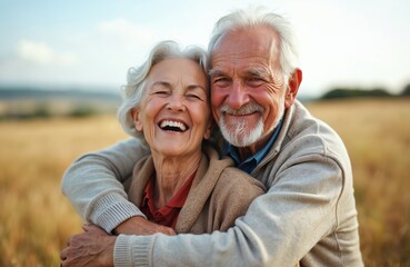 Happy elderly couple hug and smile in nature. Affectionate man and woman enjoy retirement, vacation at countryside. Romantic moment of senior couple, joy, relaxation, family love.