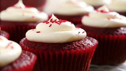 Close up of red velvet cupcakes with white frosting and red sprinkles