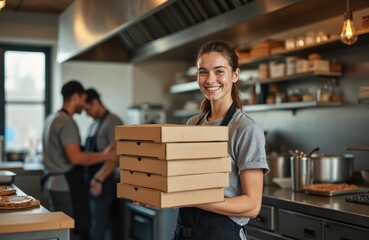 Smiling young woman restaurant worker holding stack of pizza boxes in commercial kitchen. Female worker in uniform. Food delivery, takeout, restaurant service. Kitchen staff prepares order.