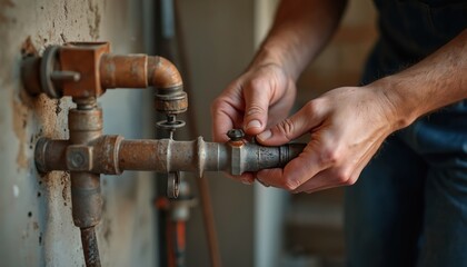 Plumber repairs water pipes in residential renovation project. Man fixes valve, plumbing system. Maintenance service, pro plumbing work. Plumbing, home renovation, repair.