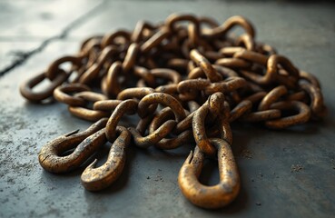 Fototapeta premium Heavy-duty metal chain with grab hooks on shop floor. Industrial steel chain links, construction detail, cargo transport, towing. Close up of rusty surface. Chain for cargo, towing, hauling, securing