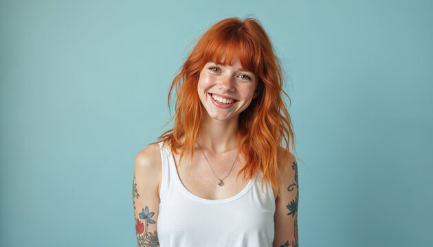 Cheerful young woman with ginger hair smiles wearing tank top. Female person with tattoo in studio, 20s. Happy lady with red hair, freckles poses for photo. Positive lifestyle.