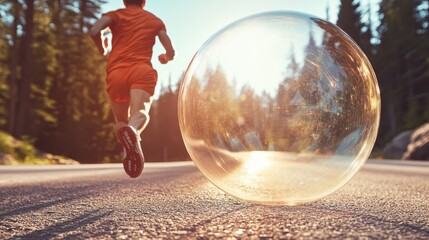 An exhilarating image captures a runner dashing through a forest, playfully chasing a large transparent bubble, symbolizing freedom, joy, and the thrill of adventure in life.