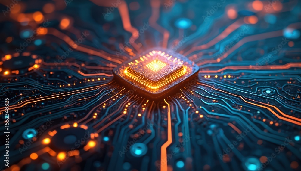 Poster Digital illustration of tech processes, data transfer, AI neural networks, data security. Central processing unit CPU with glowing circuits, microchips. Blue, orange, black background for multimedia