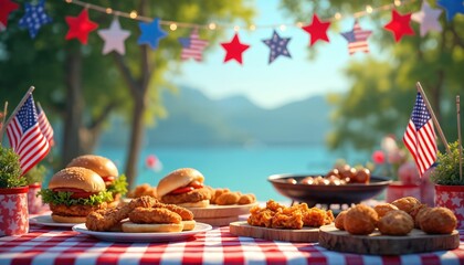 Illustration of Fourth of July celebration. Burgers, hot dogs, grilled meat, snacks on table. American flags, festive decorations, red white blue garland. Summer event, cookout, backyard picnic party.