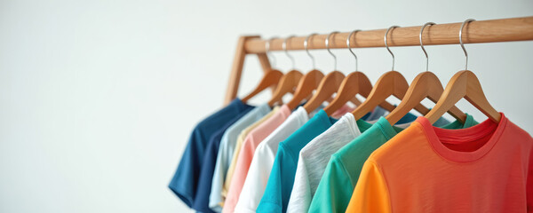 Colorful t-shirts hang wooden clothes rack, white background. Apparel display in wardrobe store. T-shirt collection sale. Trendy summer fashion casual wear. Many colors blue, yellow, pink, green,