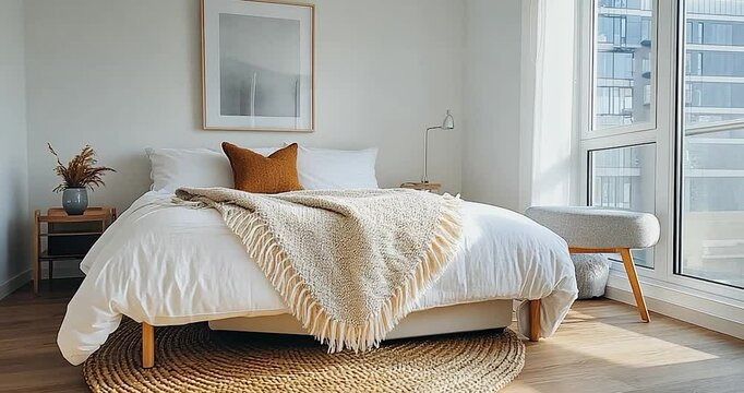 Bright bedroom interior with natural light featuring a bed with white linens a woven rug a bench a mirror and a side table