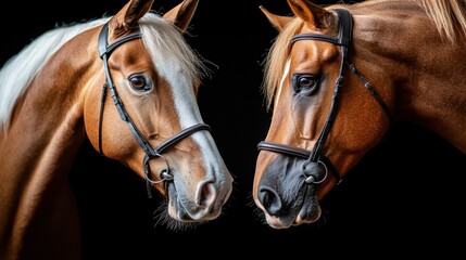 Obraz premium A captivating moment of two horses gazing at each other, showcasing their beauty and grace in a strikingly elegant and intimate manner against a dark backdrop.