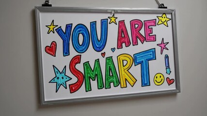 Encouraging message celebrates intelligence with colorful artwork in a cheerful room setting