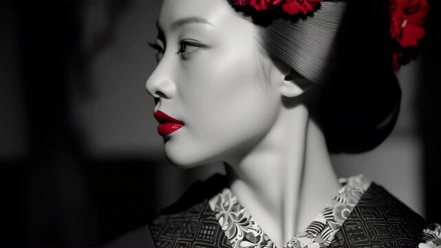 赤い口紅が映える和装ポートレート