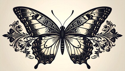 Vector Butterfly Stencil Element. Elegant Insect Ornament Design. Vintage Arabesque M