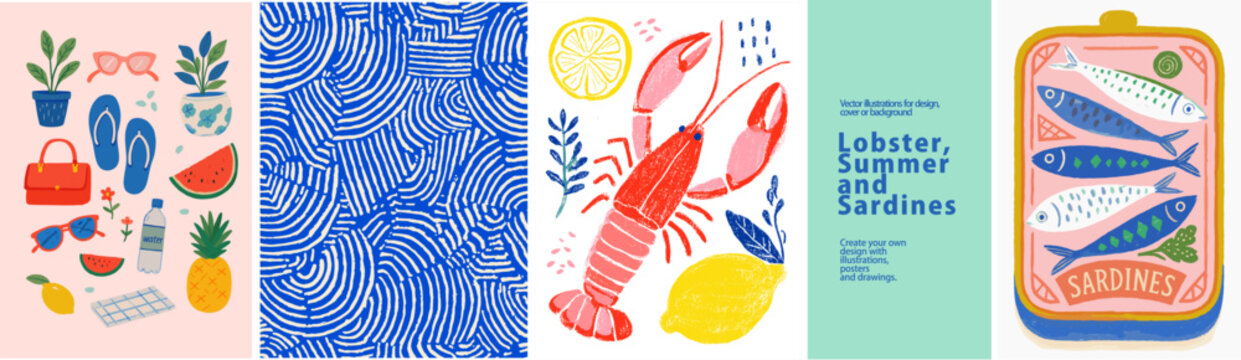 Naklejki Summer in Italy: Vector art capturing summer with Italian sea theme with seafood, beach, sunglasses. Perfect for posters or any summer Italian design