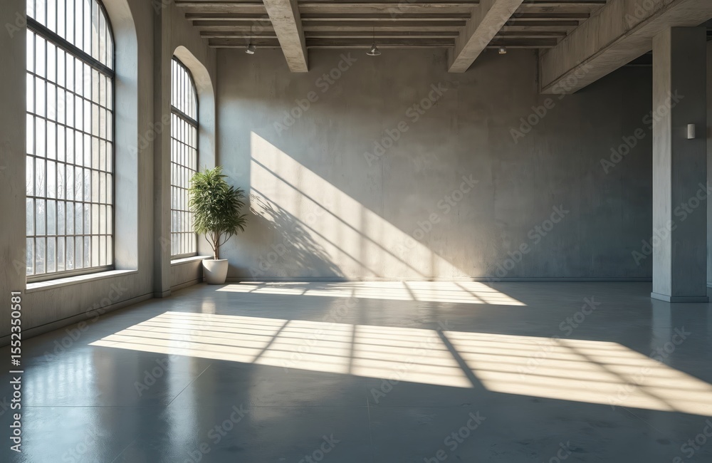 Poster Empty concrete loft interior. Large arched windows with grid pattern, daylight shadows. Minimalist design, empty space, plant in pot. Modern interior, open space for design or architecture project.