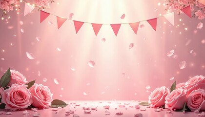 Festive pink celebration background with roses bunting. Design for greeting cards, wedding invitations, party posters. Roses petals fall down, creating romantic atmosphere. Suitable for valentine