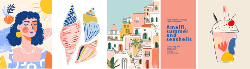 Summer Treats! Vector illustrations of a cocktail, shell, sardines & lobster. Perfect for summer designs, seafood themes, and coastal vibes. Fresh, bright & playful!
