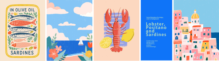 Coastal Flavors! Vector illustrations of sardines, lobster & Positano. Perfect for Italian-themed posters, seafood menus, & vibrant summer designs. Fresh & stylish!