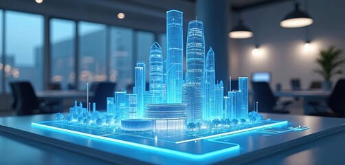 Futuristic architectural model of modern building with blue holographic light in office. Innovative urban planning, smart city concept. Digital rendering, tech, design. Ideal for business,