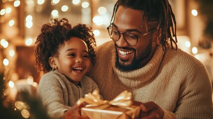 A cheerful father and his daughter share a loving moment while exchanging a beautifully wrapped gift, embodying the spirit of giving and familial love during the holidays.