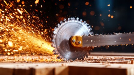 An action shot of a circular saw cutting through wood, showcasing intense sparks flying, capturing the dynamic energy and strength involved in carpentry work.