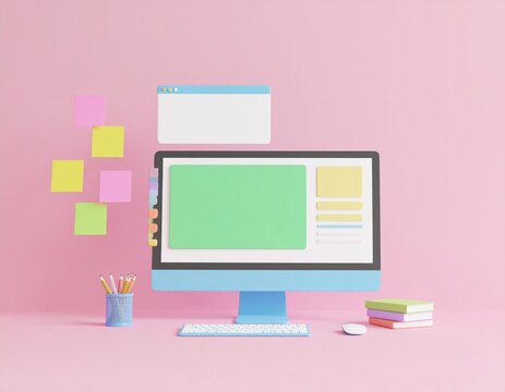 Reskill concept: Graphic design course for reskillers, colorful monitors.