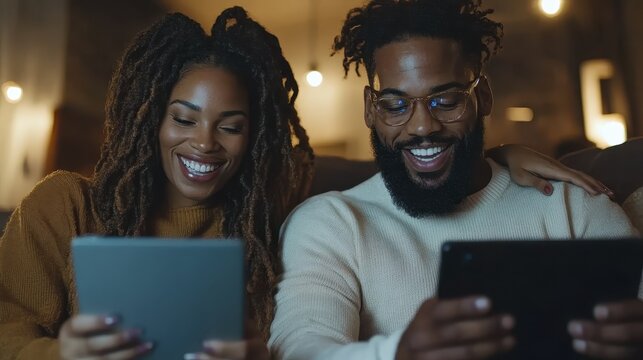 A joyful couple sits together on a couch, engaged with their tablets, embodying modern connection and relaxation amidst a cozy, inviting atmosphere filled with warm light.