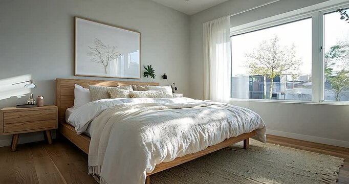 Bright bedroom interior with natural light a wooden bed frame white bedding a woven rug and a large window with sheer curtains