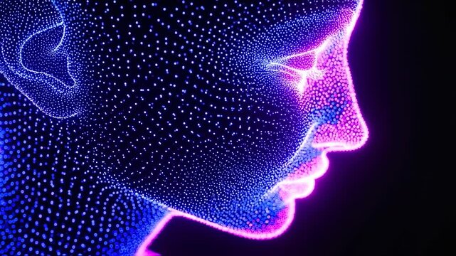 Abstract digital face illustration with glowing dots symbolizing advanced technology and innovative artificial intelligence concept