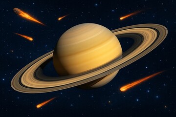 Saturn and Rings with Falling Comets in Space - Cosmic Impact