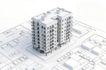Sleek modern apartment building 3d model on blueprints