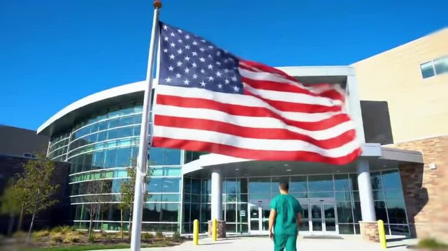 Calm hospital exterior with fluttering USA flag, no people in frame