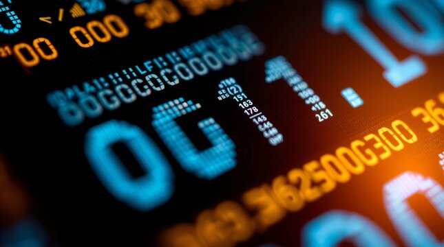 Digital Data Display: A close-up shot of an animated digital display filled with vibrant code and numerical information, representing the complex world of data and technology.