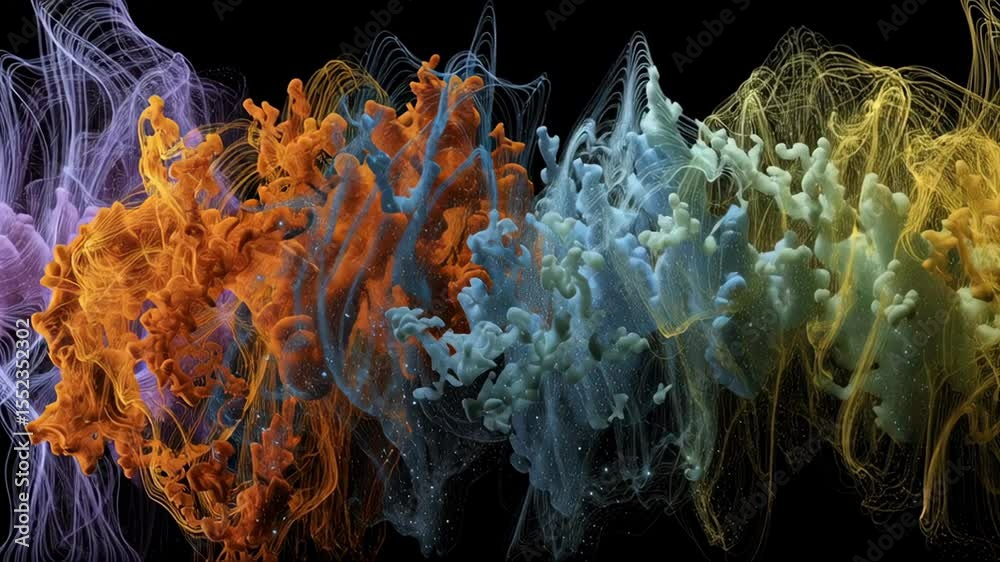 Poster vibrant smoke clouds expanding dynamically, merging and swirling across dark background with fluid m