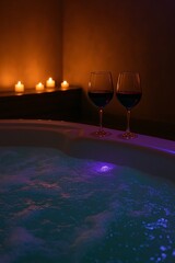 Romantic Spa Evening with Red Wine and Candles by Hot Tub